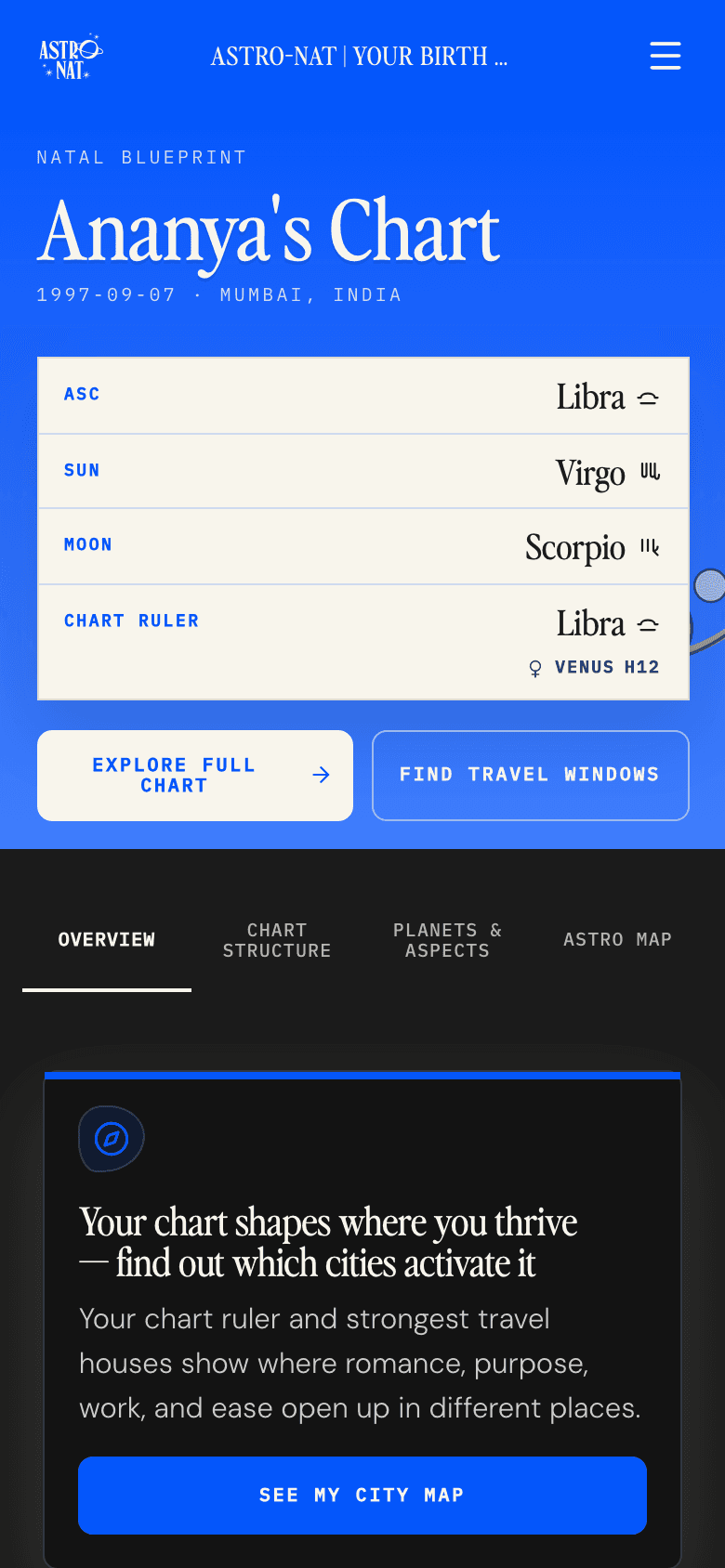 AstroNat mobile chart interface for sample profile Ananya Rao, born September 7, 1997
